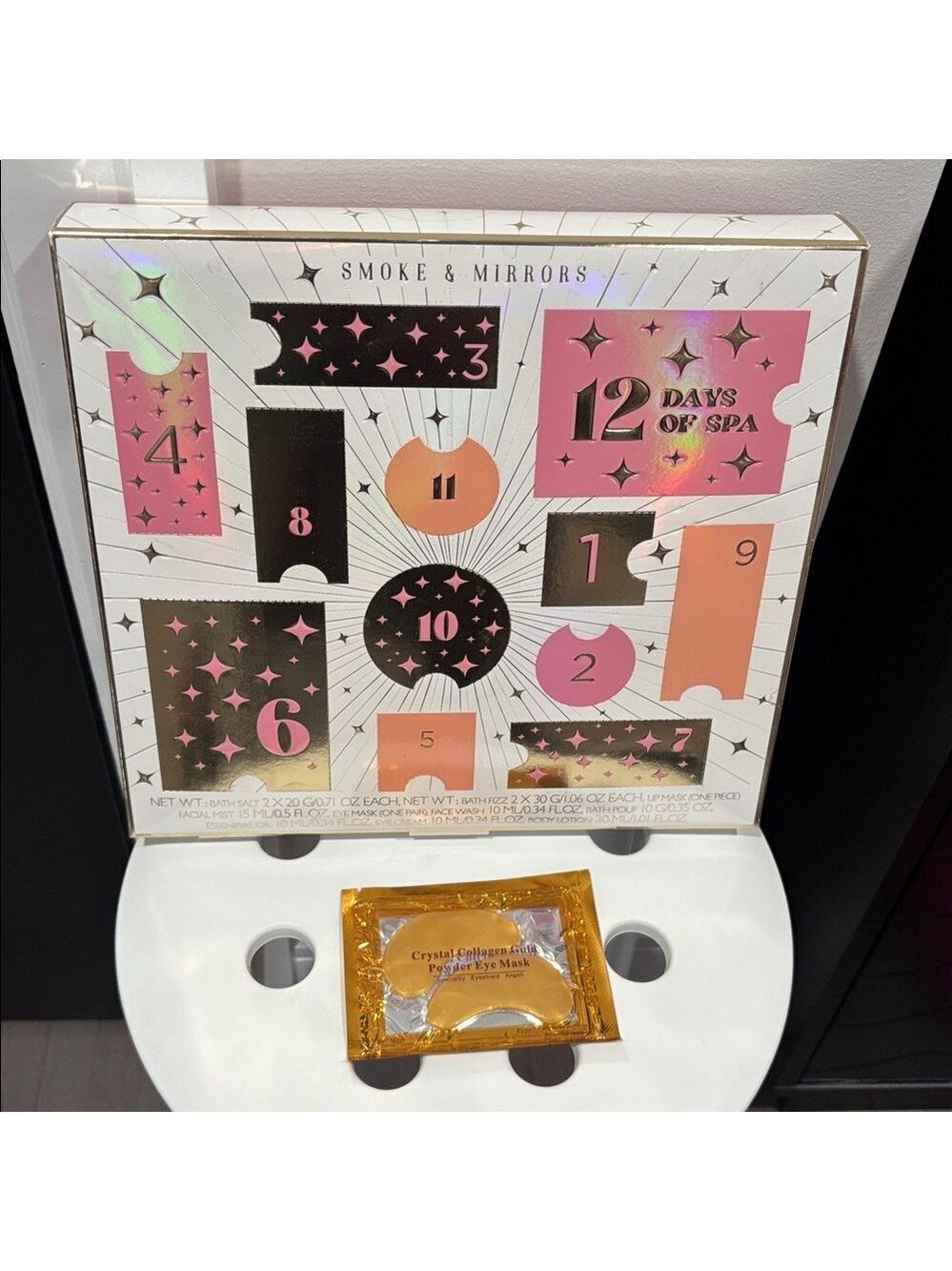 Smoke & Mirrors 12 Days of Spa Gift Set, SEALED. Bonus Collagen Gold Eye Mask